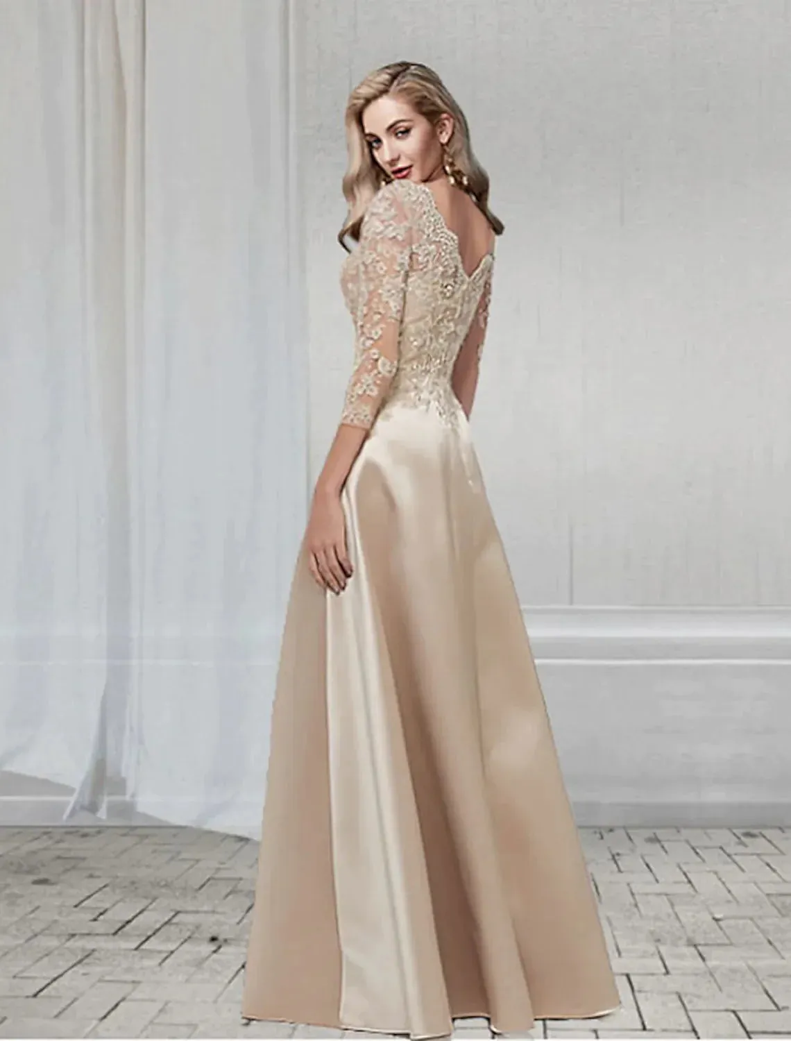 A-Line Elegant Wedding Formal Evening Dress V Neck Length Sleeve Floor Length Chiffon with Appliques