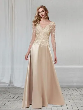 A-Line Elegant Wedding Formal Evening Dress V Neck Length Sleeve Floor Length Chiffon with Appliques