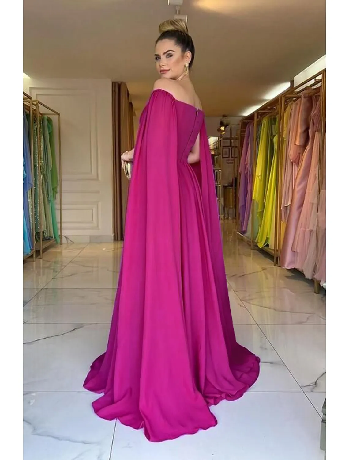 A-Line Evening Gown Elegant Dress Formal Wedding Party Sweep / Brush Train Sleeveless Off Shoulder Capes Chiffon with Pleats