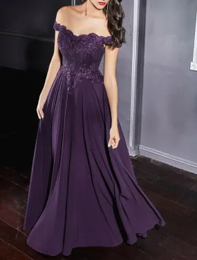 A-Line Evening Gown Formal Dress Purple Floor Length Sleeveless Off Shoulder Chiffon with Pleats Appliques