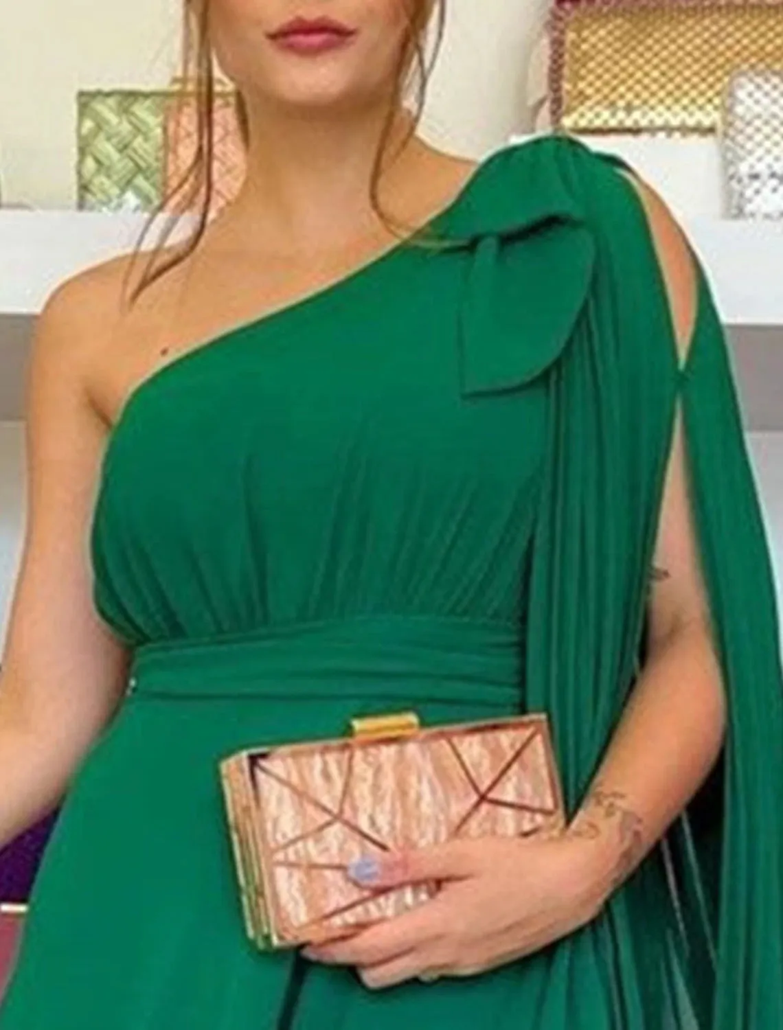 A-Line Evening Gown Party Dress Christmas Red Green Dress Elegant Formal Wedding Guest Sweep / Brush Train Sleeveless One Shoulder Capes Chiffon with Ruffles