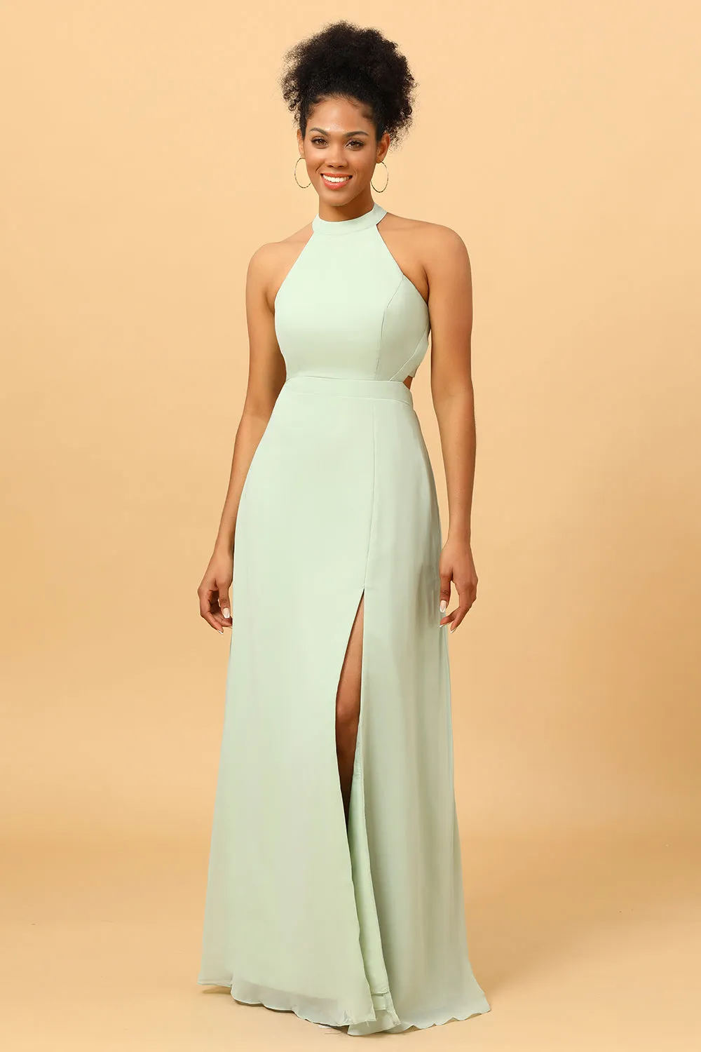 A Line Halter Dusty Sage Long Bridesmaid Dress with Open Back