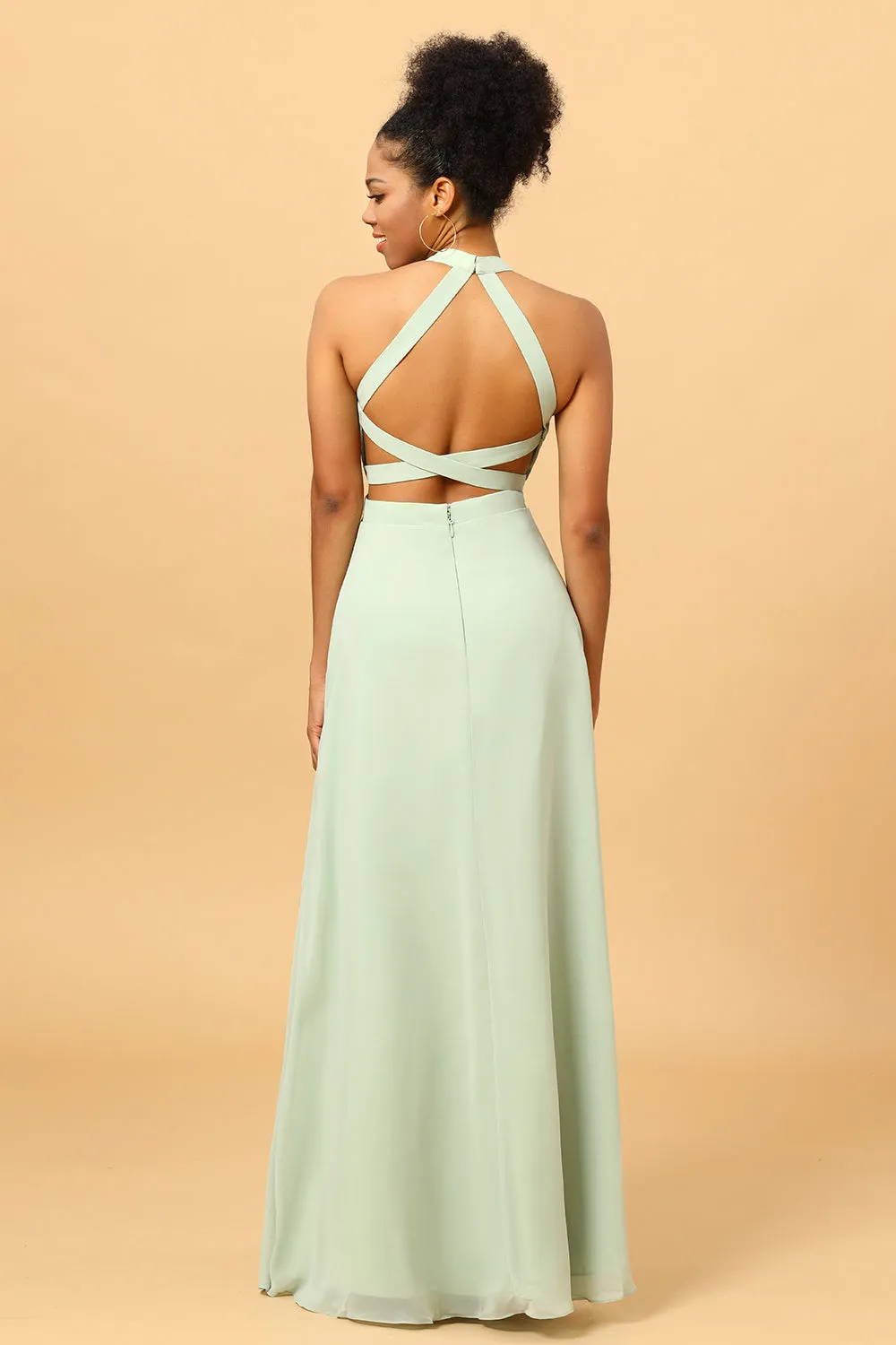 A Line Halter Dusty Sage Long Bridesmaid Dress with Open Back