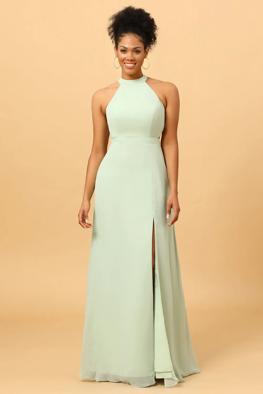 A Line Halter Dusty Sage Long Bridesmaid Dress with Open Back