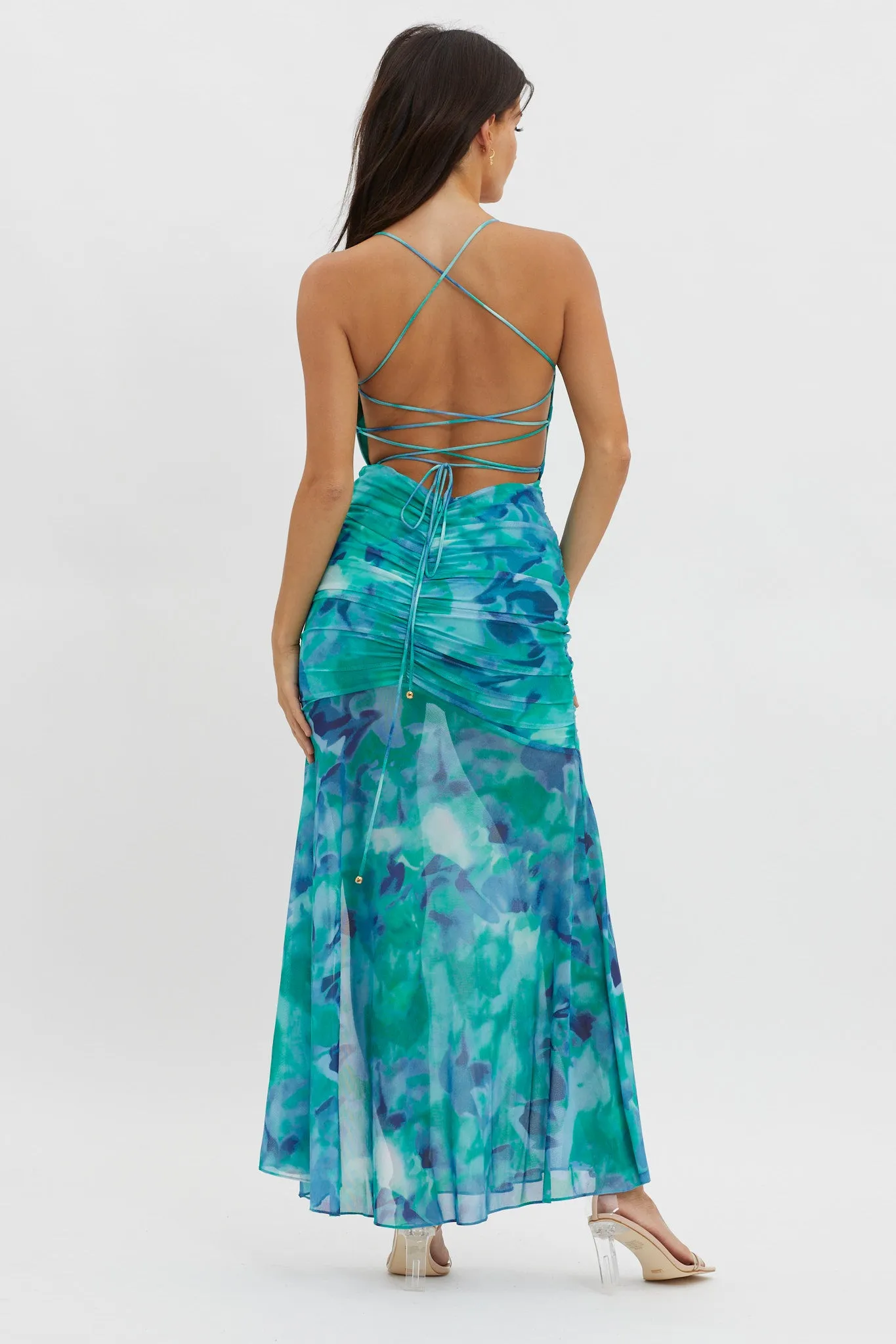 Apryl Ruched Lace-Up Back Dress Green