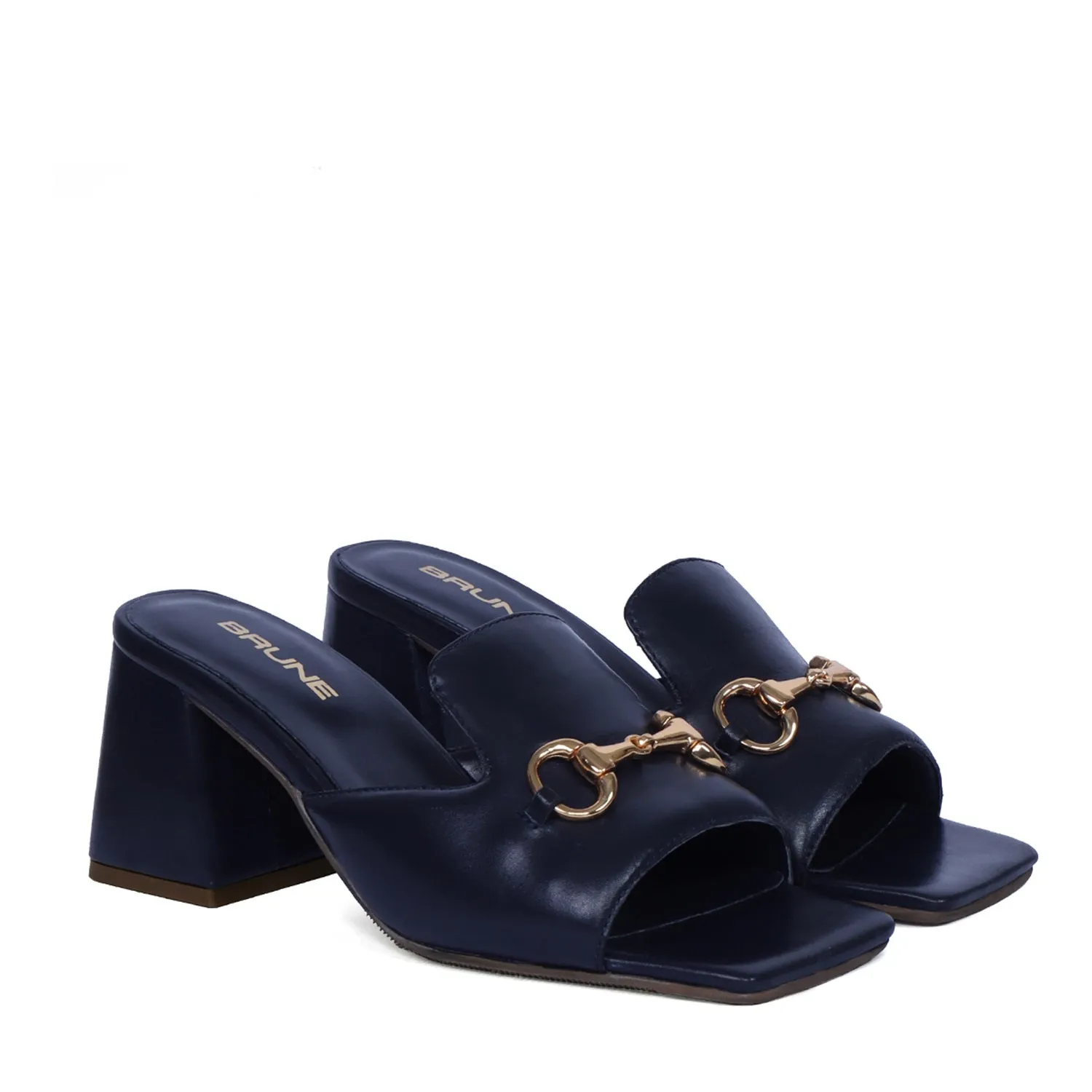 Blocked Heel Ladies Sandal In Navy Blue Leather