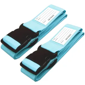 Blue luggage strap suitcase belts with personalised baggage label tag