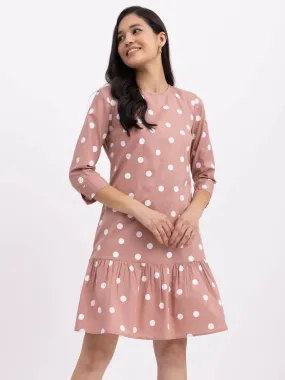 Cotton Polka Dot Tier Dress - Dusty Pink And White