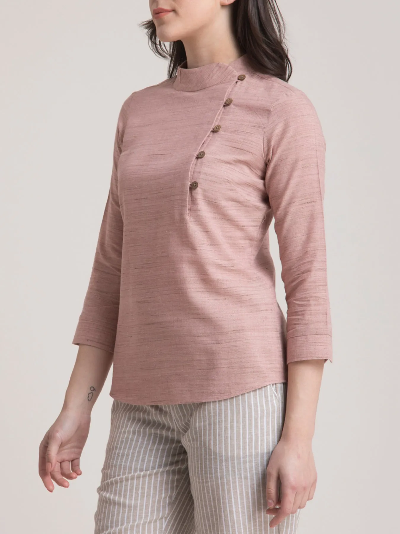 Cotton Yarn Dyed Mandarin Collar Button Detail Top - Dusty Pink