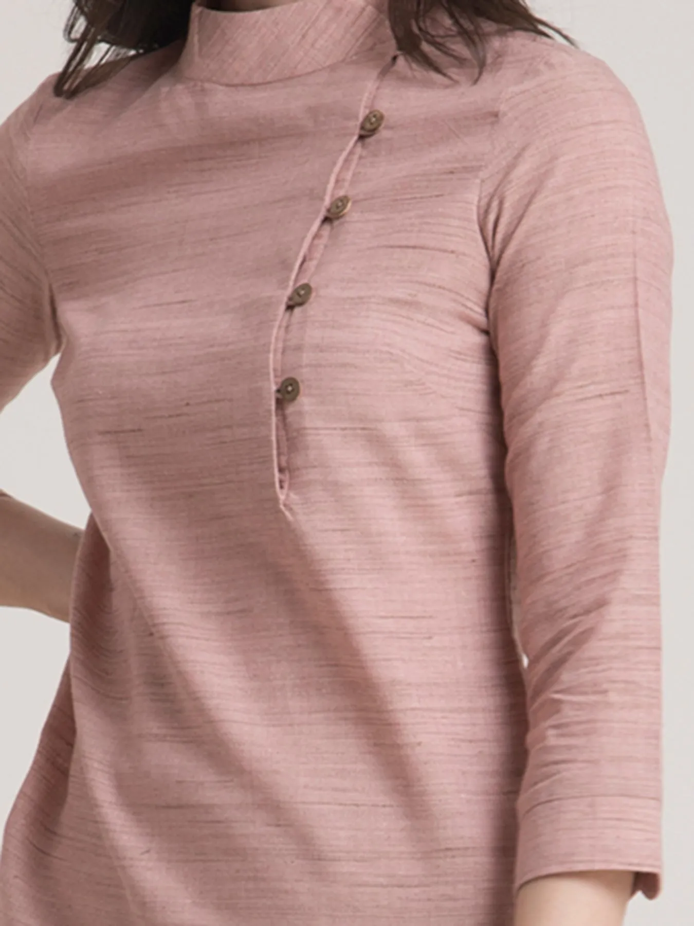 Cotton Yarn Dyed Mandarin Collar Button Detail Top - Dusty Pink