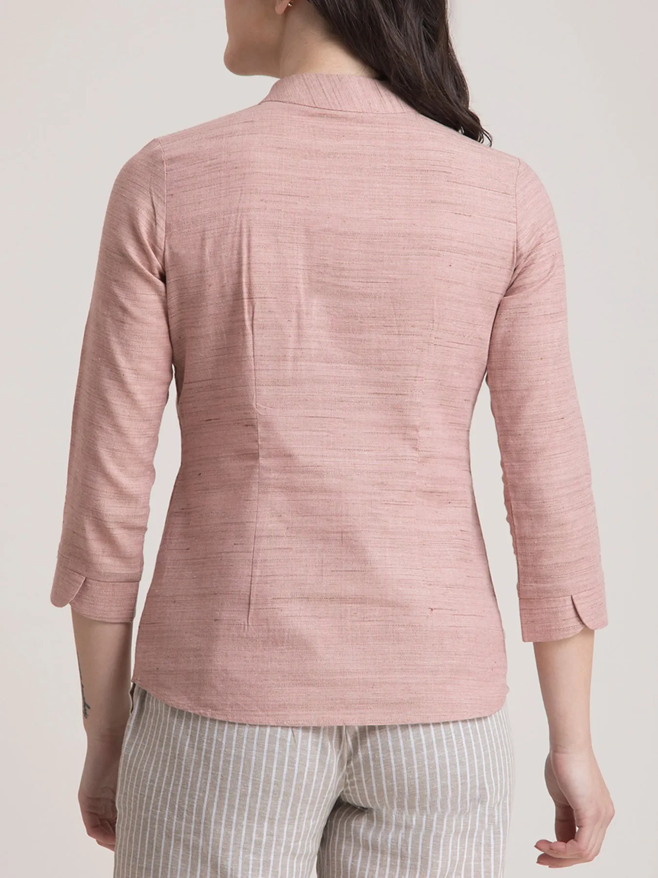 Cotton Yarn Dyed Mandarin Collar Button Detail Top - Dusty Pink