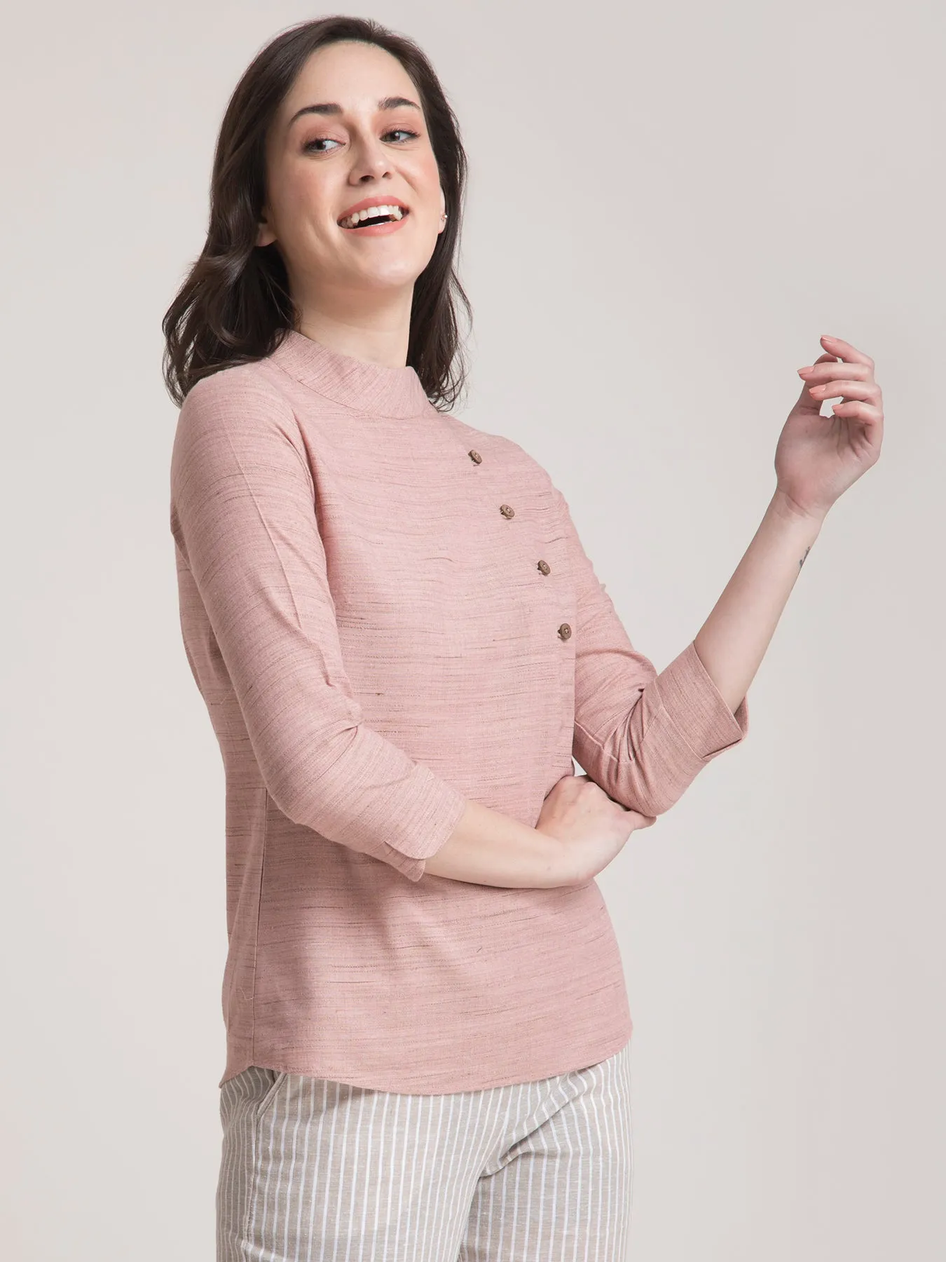 Cotton Yarn Dyed Mandarin Collar Button Detail Top - Dusty Pink