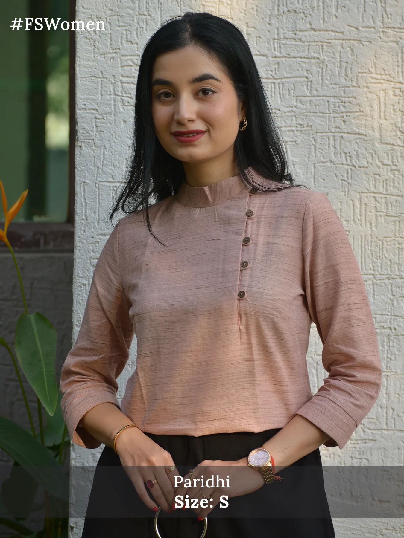 Cotton Yarn Dyed Mandarin Collar Button Detail Top - Dusty Pink