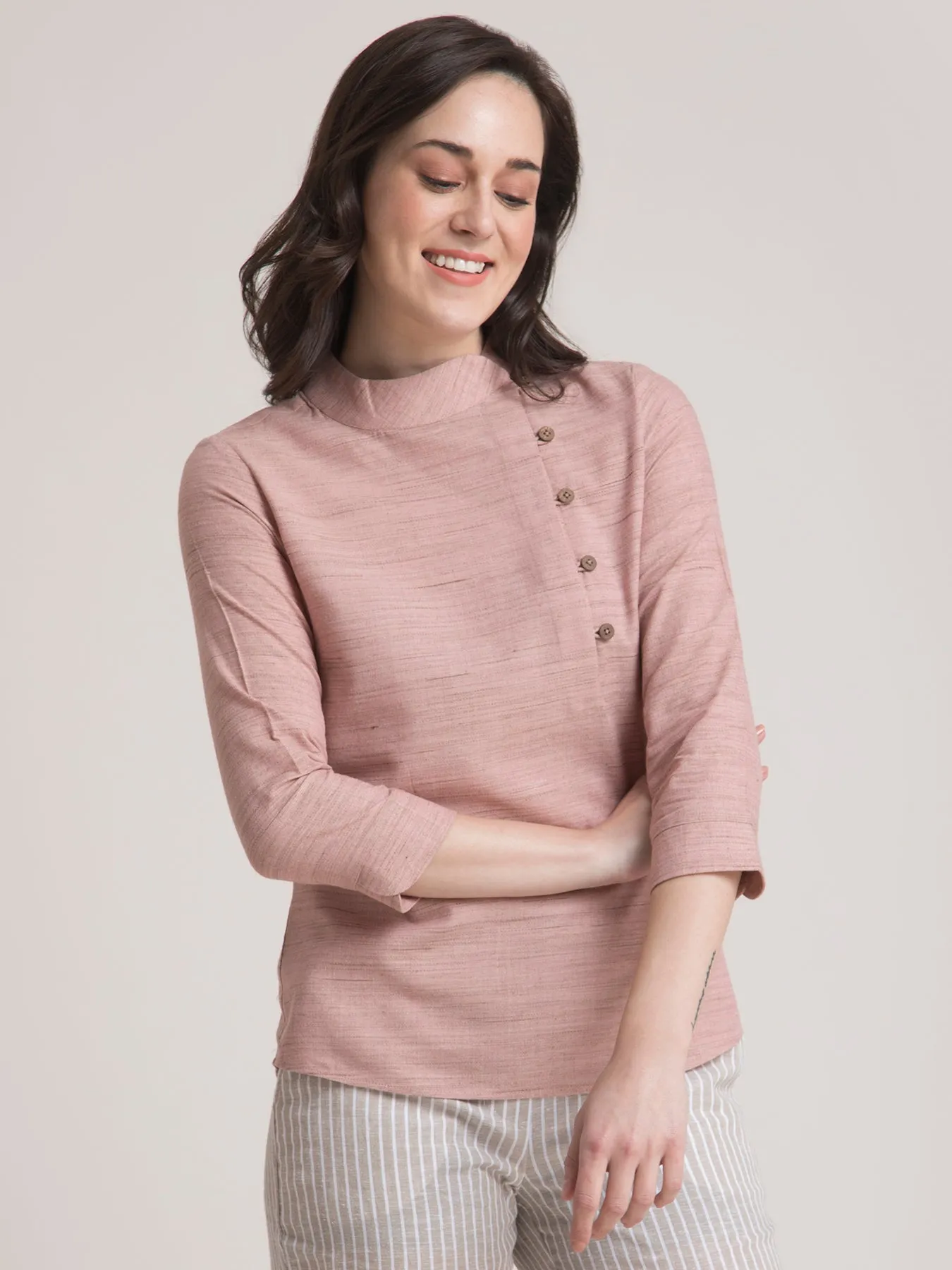 Cotton Yarn Dyed Mandarin Collar Button Detail Top - Dusty Pink