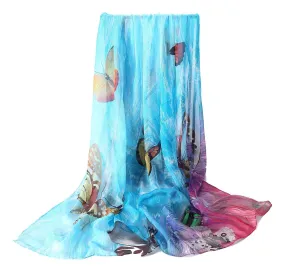 Extra Wide High Quality Silk Chiffon Scarf Blue Theme Butterfly Print SCH502