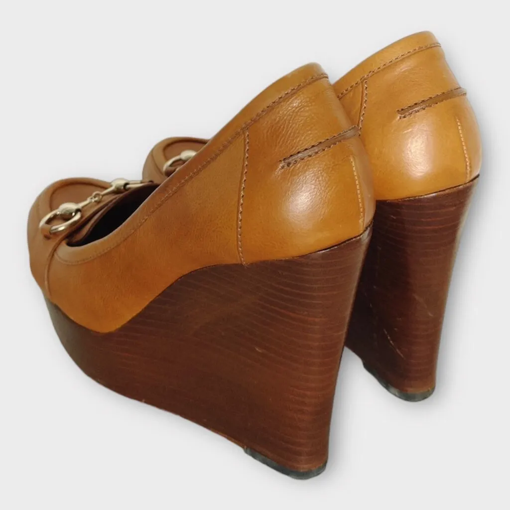 Gucci Tan Brown Leather Horsebit Wooden Wedge Heels