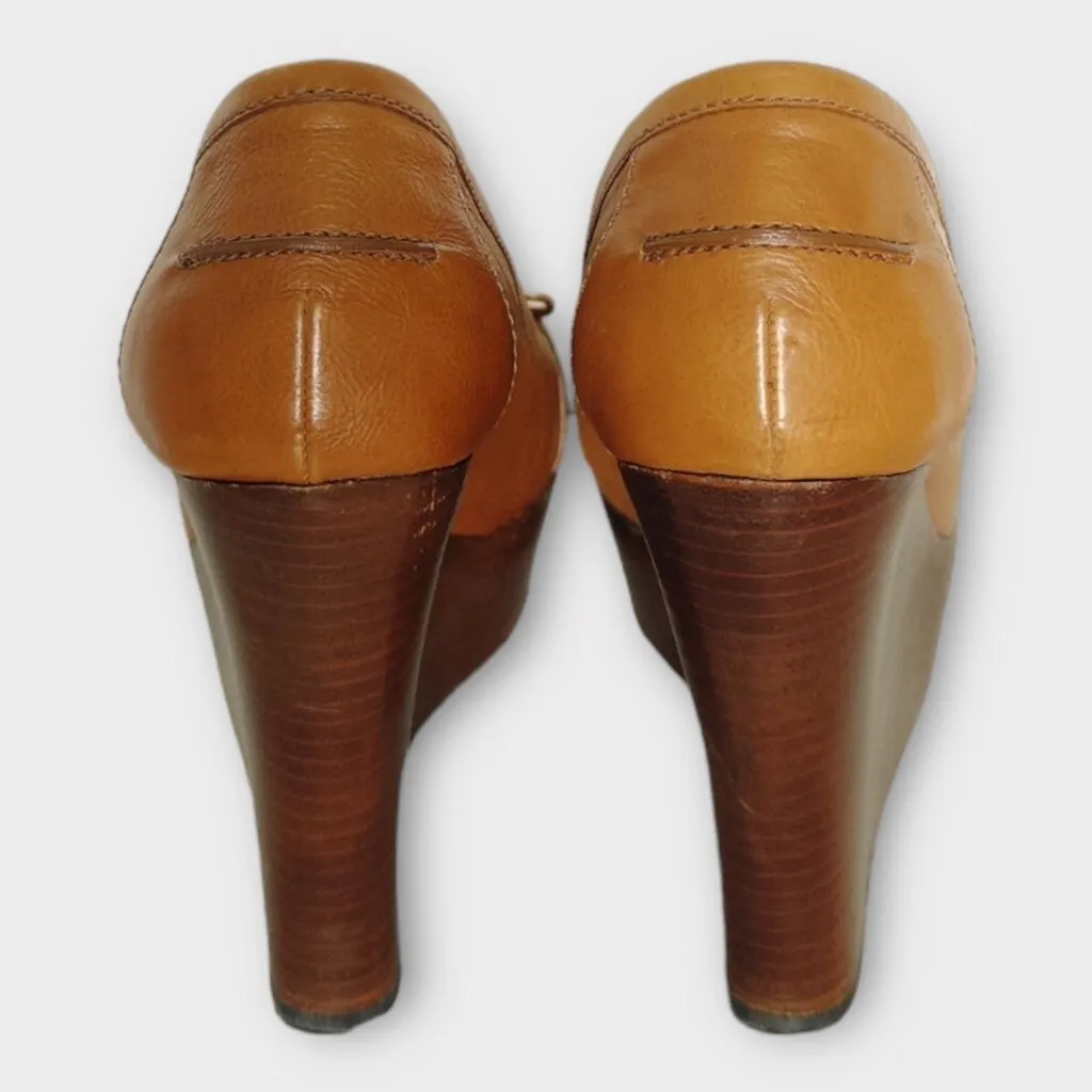 Gucci Tan Brown Leather Horsebit Wooden Wedge Heels