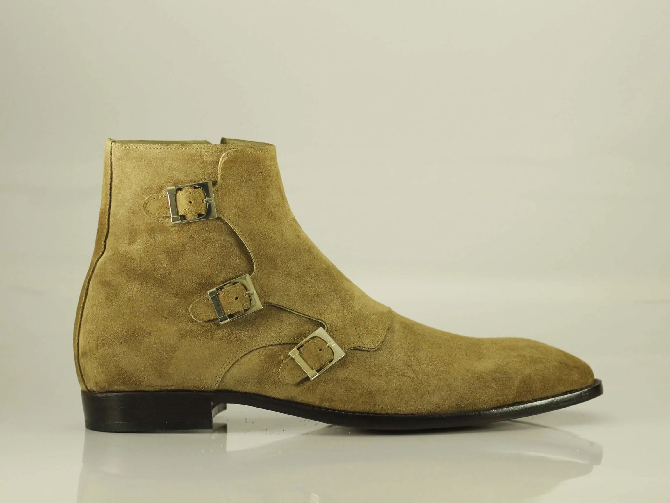 Handmade Men's Beige Suede Triple Monk Strap & Side Zipper Boots, Men Ankle Boots, Men Designer Boots