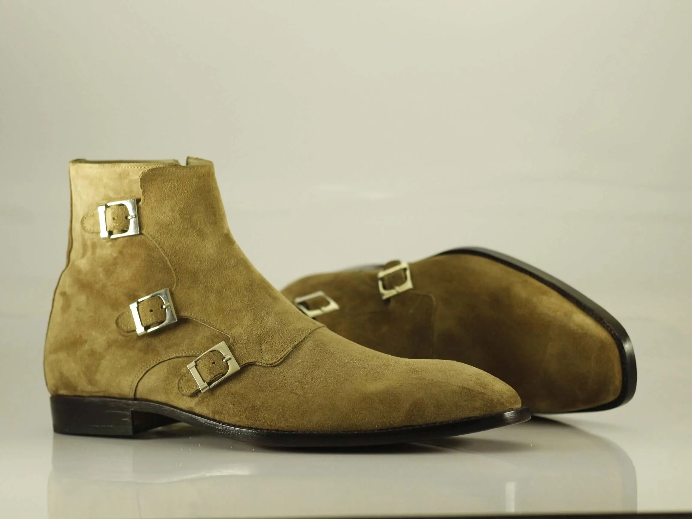 Handmade Men's Beige Suede Triple Monk Strap & Side Zipper Boots, Men Ankle Boots, Men Designer Boots