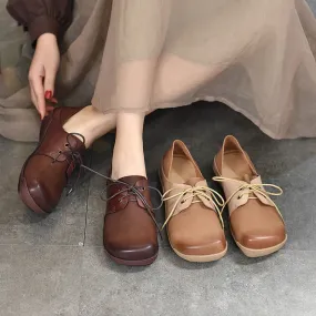 Handmade Soft Leather Lace Up Flat Oxford Shoes Color Blocking in Coffee/Khaki