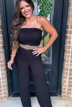 Iris Black Strapless Belted Wide Leg Jumpsuit