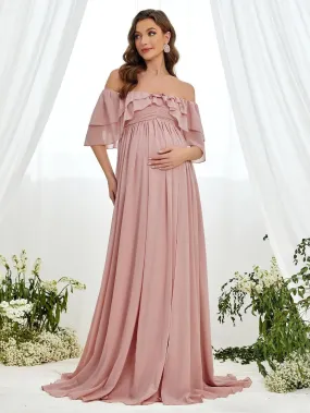 Maternity Off Shoulder Ruched Bust Layered Sleeves Chiffon Dress