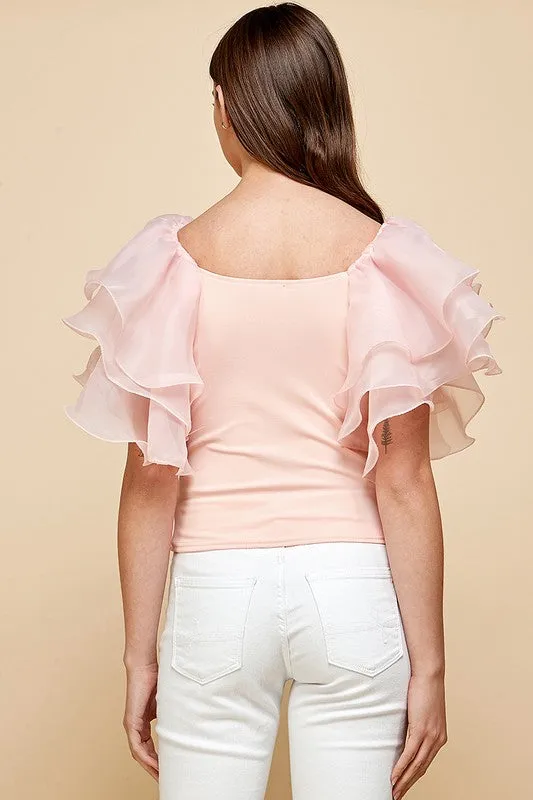 Peach Layered Puff Sleeves Blouse