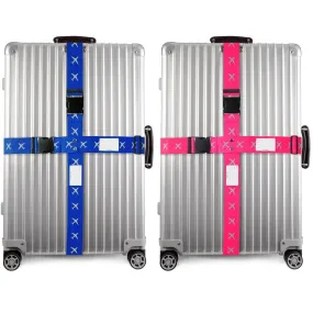 Pink and Blue luggage cross strap suitcase belts with baggage label