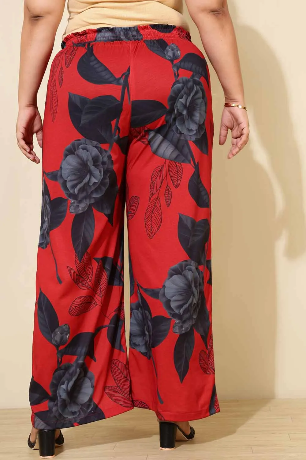 Plus Size Red Floral Print Pants