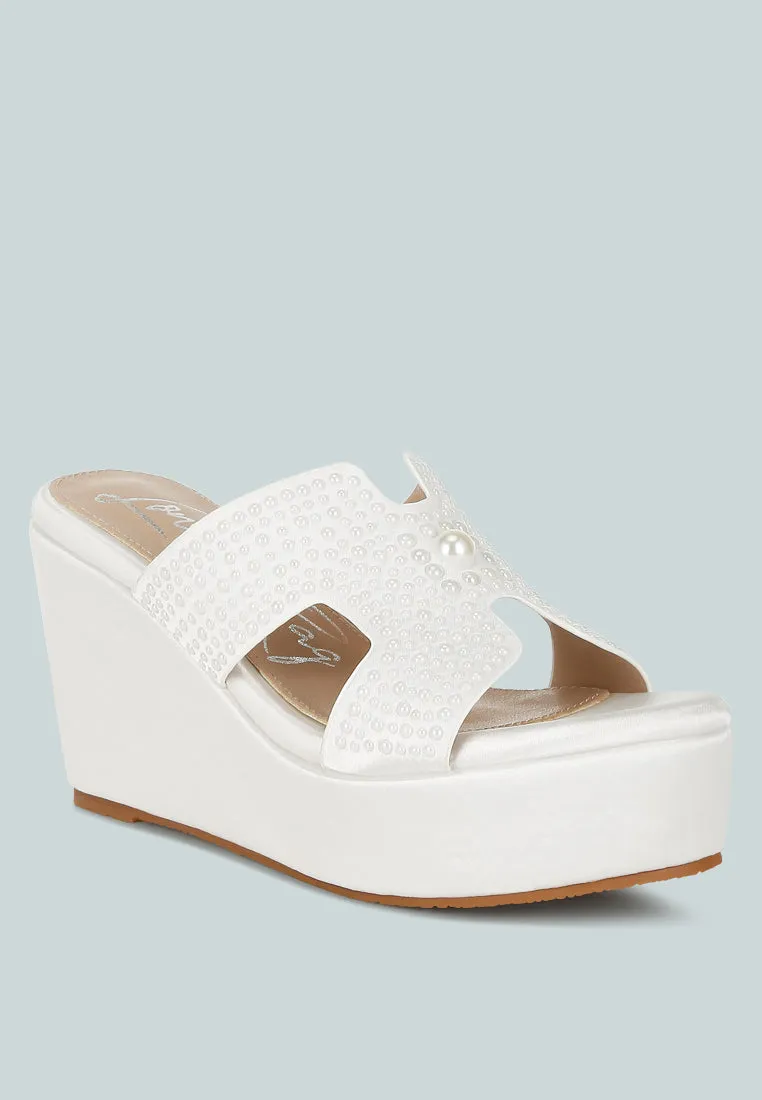 Satin Pearl Detail Wedge Sandals by RUW