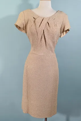 SOLD Vintage 50s Beige/Gold Lurex Fitted Cocktail Eveningwear Dress 32" Waist