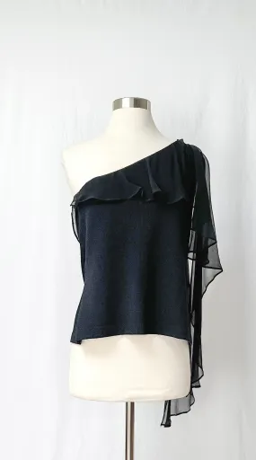 St. John Black Knit & Chiffon Single Shoulder Top (12 or L)