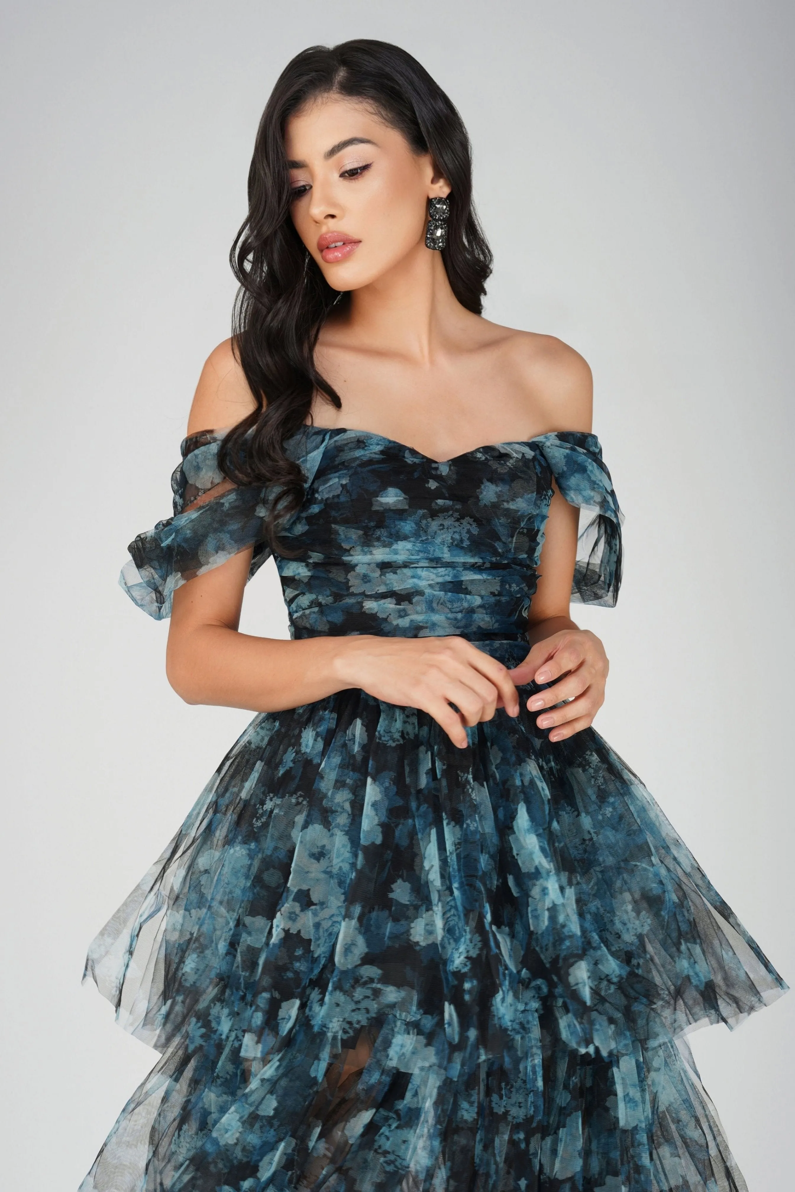 Sydney Tulle Maxi Dress in Blue Floral