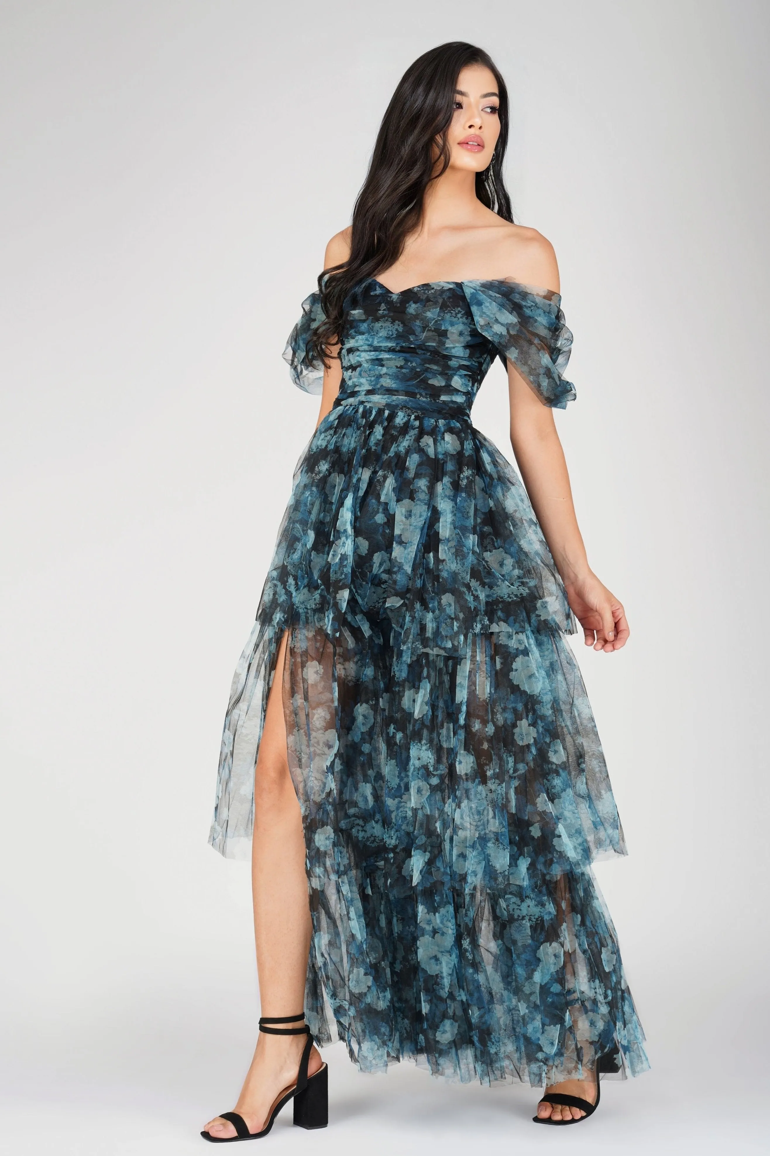 Sydney Tulle Maxi Dress in Blue Floral