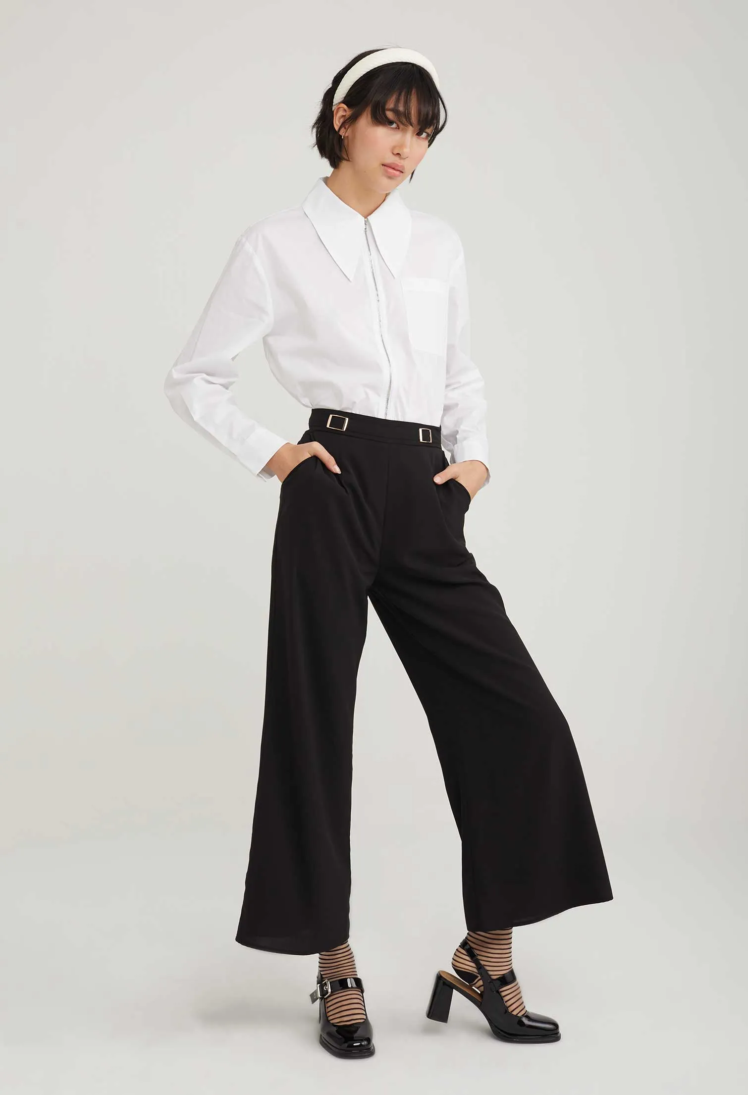 Waist Accent Wide Leg Palazzo Pants